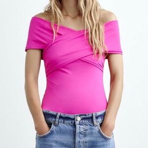 Zara Pink Ruched Off-Shoulder Bodysuit Size Large NWT